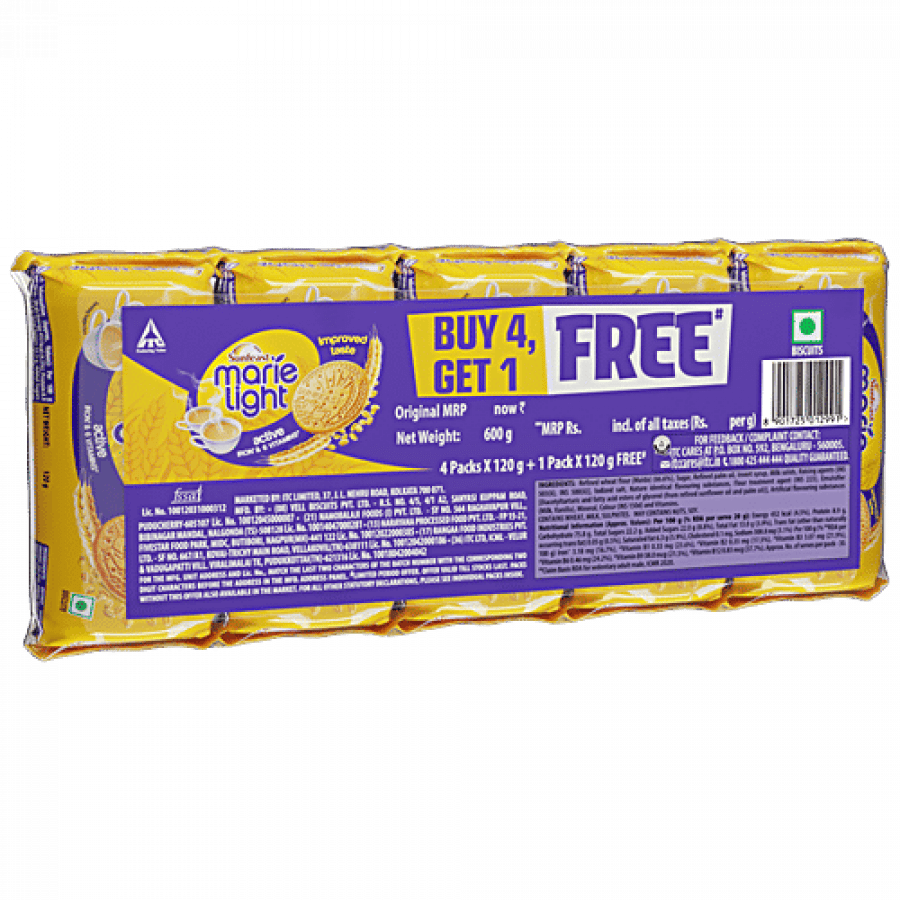 Sunfeast Marie Light Active Biscuits, 600 g (Buy 4 Get 1 Free) (5 N x 120 g each)